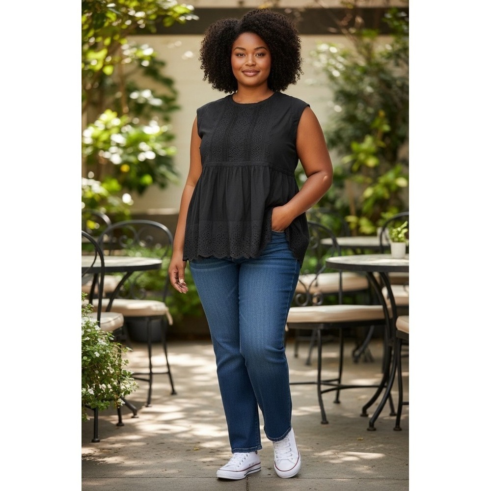 Lucky Brand Blouse Womens Plus 3XL Black Peplum Eyelet Hem Flutter Sleeve boho